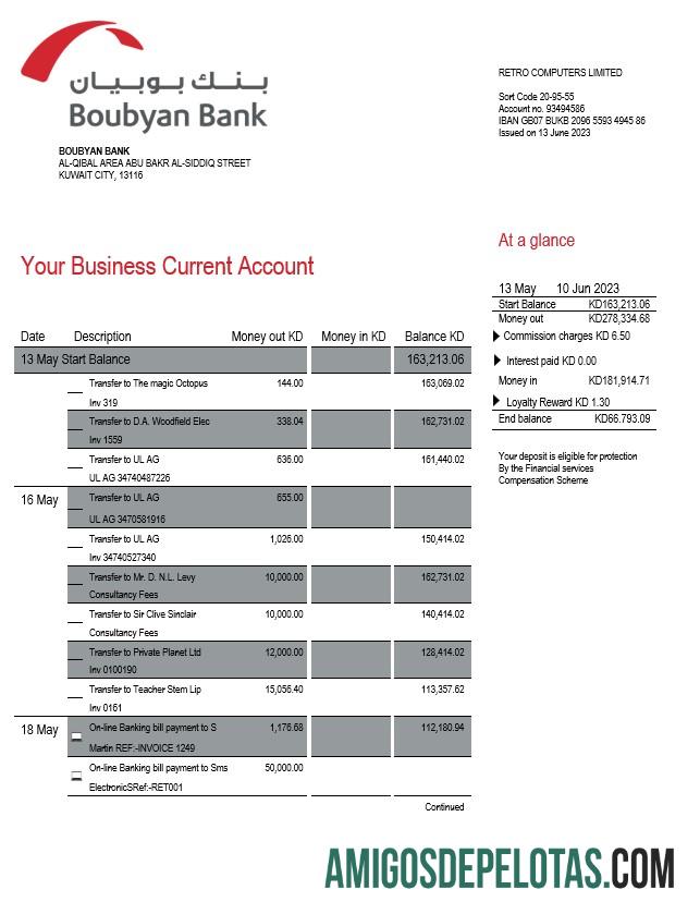Baixável Boubyan Bank Enterprise modelo de extrato de conta Word e PDF